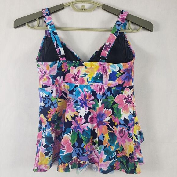 Swim Solutions Tankini Top Womens 10 Navy Multi Triple Pleat Floral D Cup 806840 - Picture 7 of 10